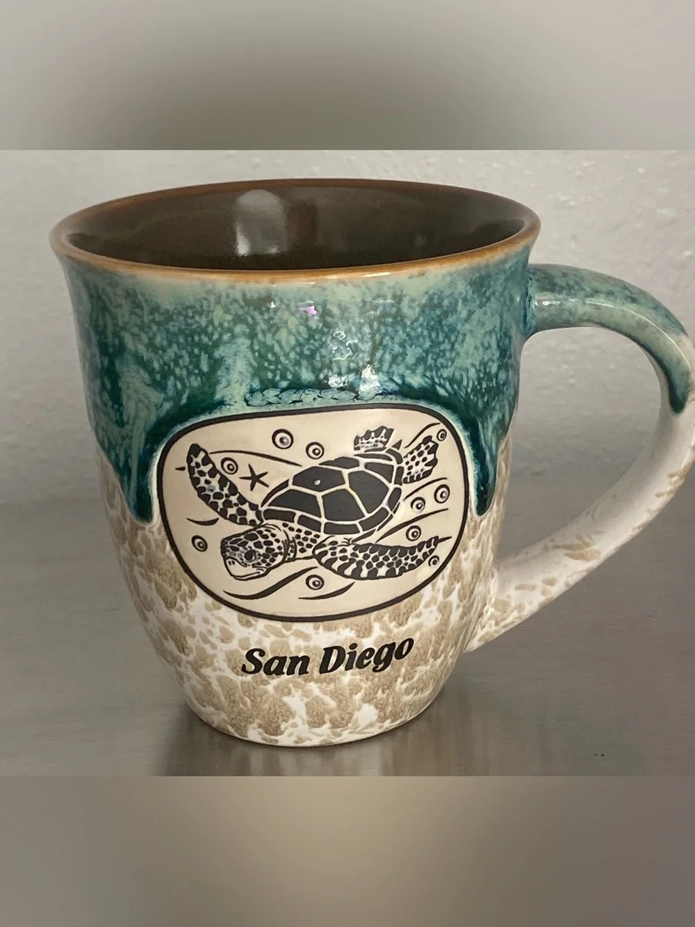 NEW SAN DIEGO SEA TURTLE CERAMIC MUG IN TEAL AND SAND